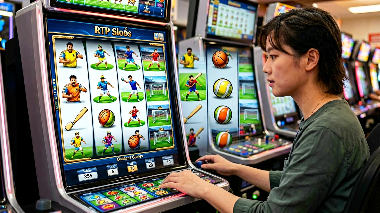 slot game စက်များတန်းစီထားသည့် ဂိမ်းခန်းတွင် ကစားသူတစ်ဦး reel symbol grid ကို လက်ဖြင့် ထိန်းချုပ်ခလုတ်များ နှိပ်ကာ ဂရုတစိုက် ကြည့်ရှုနေသည့်ပုံ
