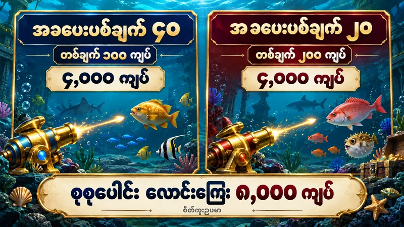 တစ်ချက် ၁၀၀ ကျပ်ဖြင့် ပစ်ချက် ၄၀ နှင့် တစ်ချက် ၂၀၀ ကျပ်ဖြင့် ပစ်ချက် ၂၀ စုစုပေါင်း ၈,၀၀၀ ကျပ်ကို ပြထားသော ငါးပစ်ဂိမ်းပုံ